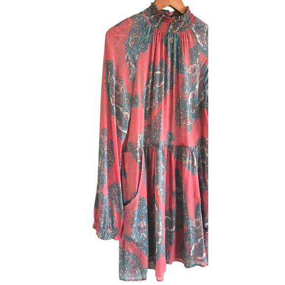 Free People Moonstruck Dress Womens Medium Red Paisley Print Long Sleeve Sheer - Picture 4 of 6
